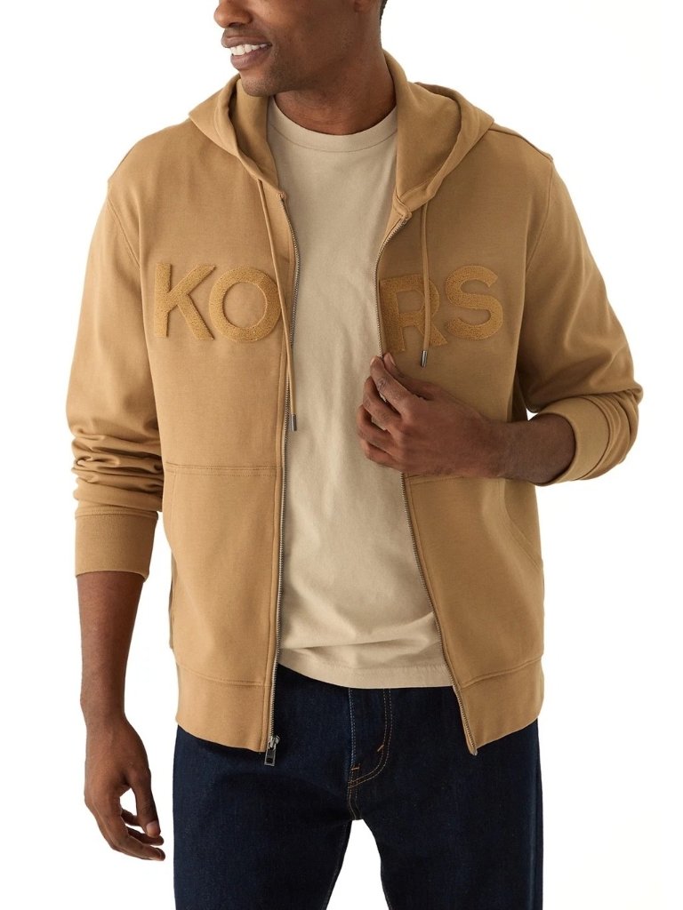 Nwt Michael Kors Men's Textured-Logo Full Zip Hoodie Dark Camel Organic Cotton